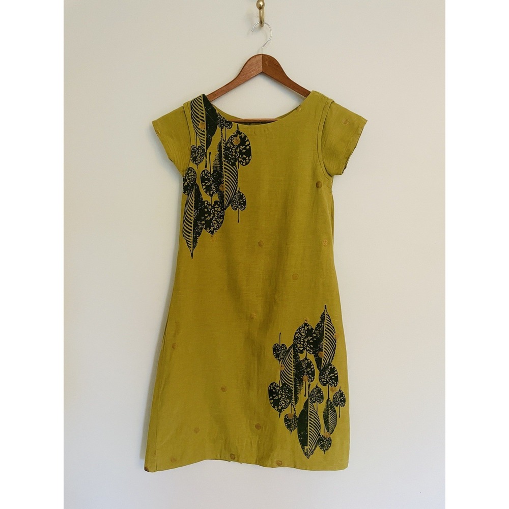 Cotton/Flax Knee Length Shift Dress. Small. Natural. Hippie.‎ Boho. Art.